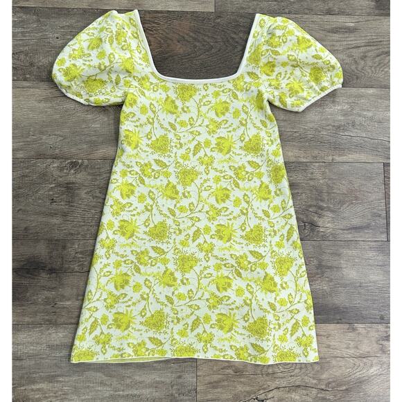Zara Medium Jacquard Puff Sleeve Mini Dress Chartreuse Floral Leaf Retro Chic - Picture 3 of 11